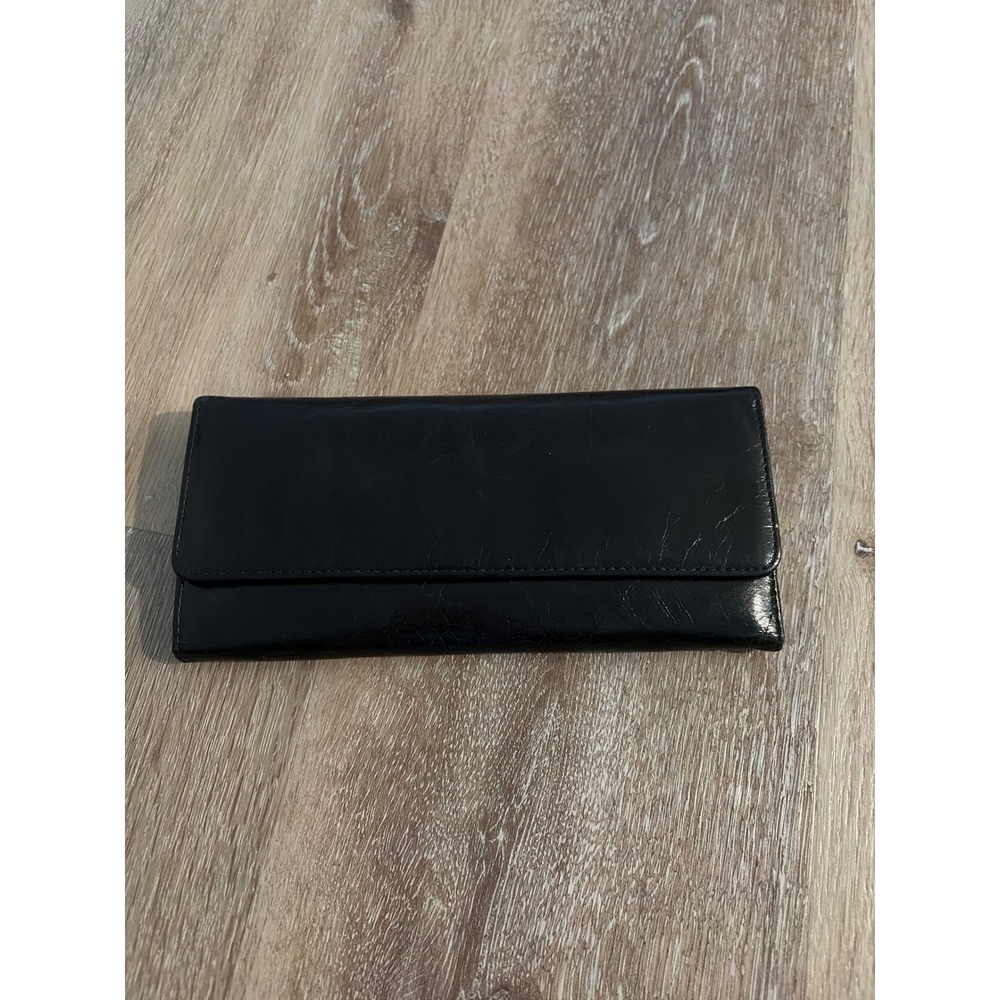 Hobo Alice Trifold Wallet Black Glazed Leather Floral Lining ID Window Slim